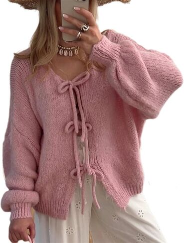 Womens Tie Front Cardigan Sweaters Oversized Puff Long Sleeve Cute Bow Trendy Loose Fall Winter Sweaters in Saudi Arabia