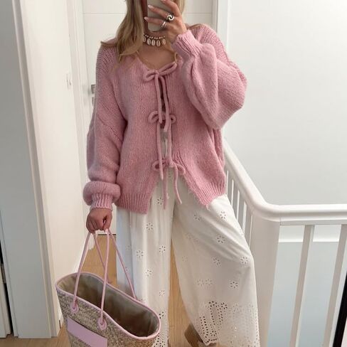 Womens Tie Front Cardigan Sweaters Oversized Puff Long Sleeve Cute Bow Trendy Loose Fall Winter Sweaters in Saudi Arabia