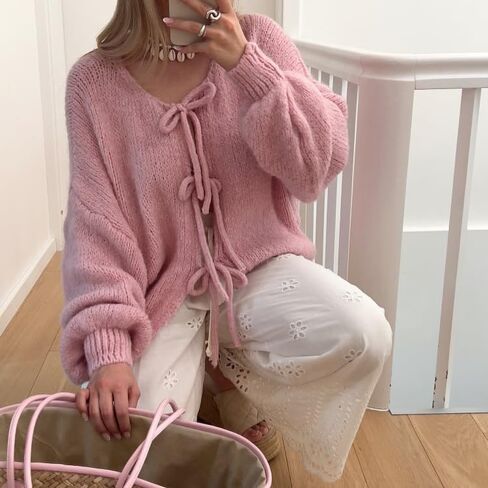 Womens Tie Front Cardigan Sweaters Oversized Puff Long Sleeve Cute Bow Trendy Loose Fall Winter Sweaters in Saudi Arabia