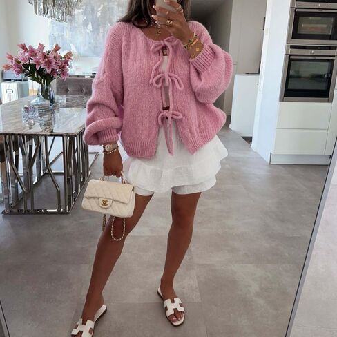 Womens Tie Front Cardigan Sweaters Oversized Puff Long Sleeve Cute Bow Trendy Loose Fall Winter Sweaters in Saudi Arabia