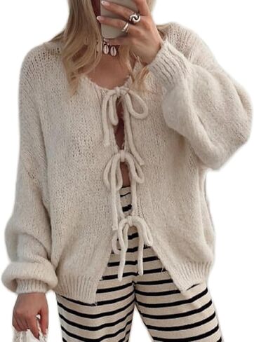 Womens Tie Front Cardigan Sweaters Oversized Puff Long Sleeve Cute Bow Trendy Loose Fall Winter Sweaters in Kuwait