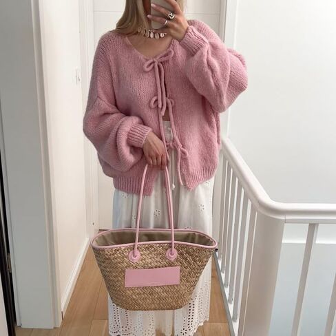 Womens Tie Front Cardigan Sweaters Oversized Puff Long Sleeve Cute Bow Trendy Loose Fall Winter Sweaters in Saudi Arabia