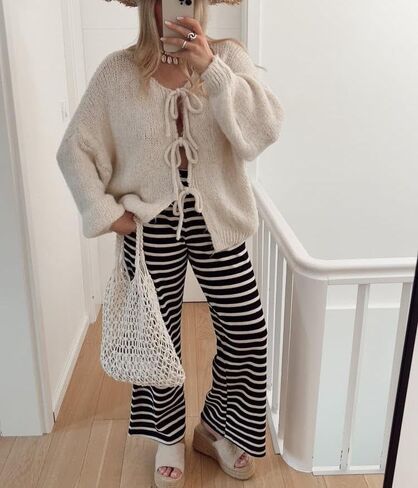 Womens Tie Front Cardigan Sweaters Oversized Puff Long Sleeve Cute Bow Trendy Loose Fall Winter Sweaters in Kuwait