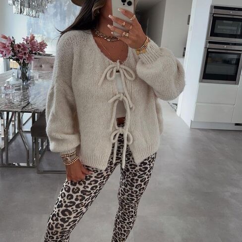 Womens Tie Front Cardigan Sweaters Oversized Puff Long Sleeve Cute Bow Trendy Loose Fall Winter Sweaters in Kuwait
