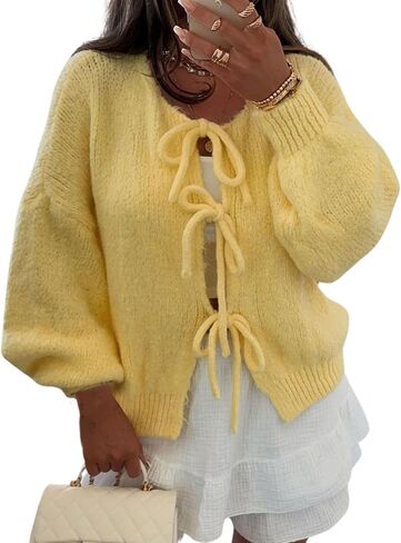 Womens Tie Front Cardigan Sweaters Oversized Puff Long Sleeve Cute Bow Trendy Loose Fall Winter Sweaters in Saudi Arabia