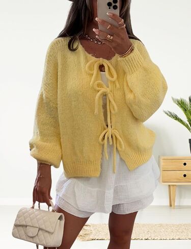 Womens Tie Front Cardigan Sweaters Oversized Puff Long Sleeve Cute Bow Trendy Loose Fall Winter Sweaters in Saudi Arabia