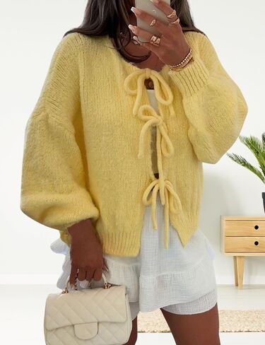 Womens Tie Front Cardigan Sweaters Oversized Puff Long Sleeve Cute Bow Trendy Loose Fall Winter Sweaters in Saudi Arabia