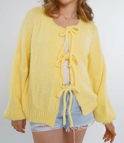 Womens Tie Front Cardigan Sweaters Oversized Puff Long Sleeve Cute Bow Trendy Loose Fall Winter Sweaters in Saudi Arabia