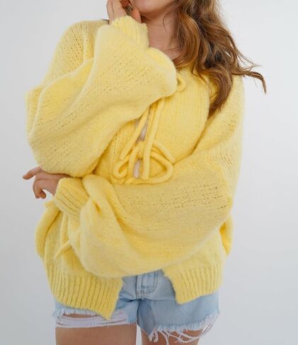 Womens Tie Front Cardigan Sweaters Oversized Puff Long Sleeve Cute Bow Trendy Loose Fall Winter Sweaters in Saudi Arabia