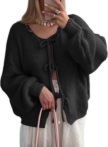 Womens Tie Front Cardigan Sweaters Oversized Puff Long Sleeve Cute Bow Trendy Loose Fall Winter Sweaters in Saudi Arabia