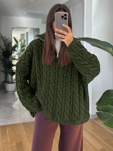 سترات خريف PRETTYGARDEN للسيدات 2025 بأكمام طويلة وربع سحاب سترة غير رسمية فضفاضة بياقة على شكل V مع كابل متماسكة in Saudi Arabia