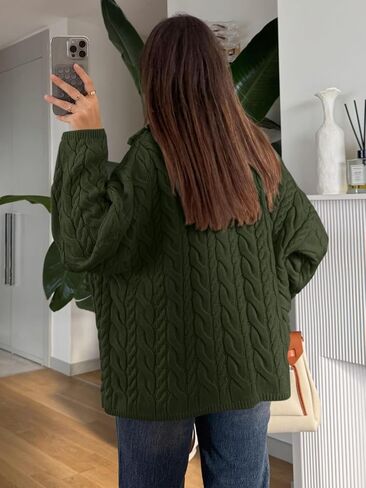 سترات خريف PRETTYGARDEN للسيدات 2025 بأكمام طويلة وربع سحاب سترة غير رسمية فضفاضة بياقة على شكل V مع كابل متماسكة in Saudi Arabia