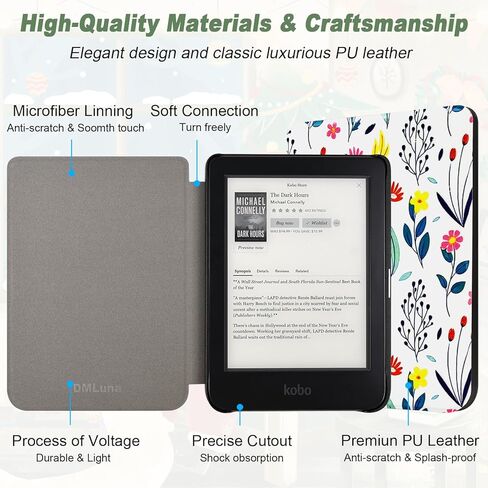 حافظة DMLuna لجهاز Kobo Clara BW (موديل N365) / كلارا كولور (موديل N367) / Clara 2E 6"، غطاء حماية من جلد البولي يوريثان الفاخر خفيف الوزن للغاية مع وظيفة النوم/الاستيقاظ التلقائي، أسود in Kuwait