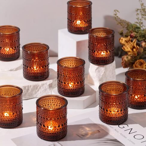 15Pcs Glass Votive Candle Holders, Amber Tea Light Candle Holders Vintage Fall Tealight Candle Holder Bulk for Autumn, Thanksgiving Table Centerpieces, Christmas Decor (Amber) in Kuwait