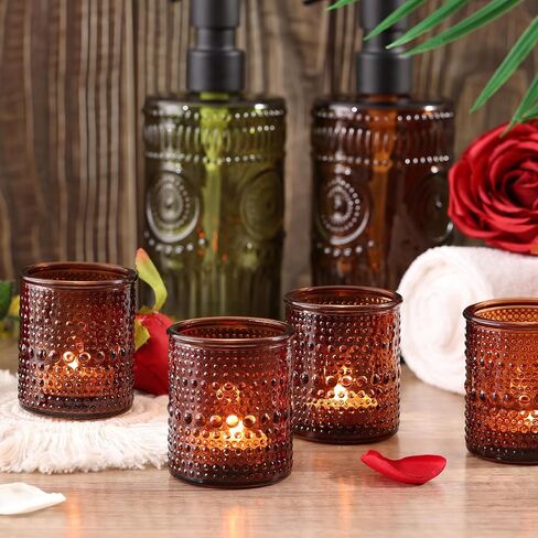 15Pcs Glass Votive Candle Holders, Amber Tea Light Candle Holders Vintage Fall Tealight Candle Holder Bulk for Autumn, Thanksgiving Table Centerpieces, Christmas Decor (Amber) in Kuwait