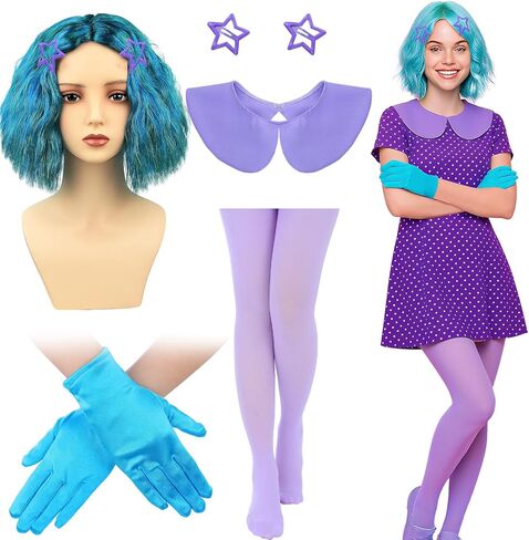 JenPen 6 Pcs Halloween Inside Costume Accessories Include Blue Green Wig Gloves Purple Fake Collar Stockings with Hairpins for Cartoon Movie Women Girls Cosplay Emotion Party in Kuwait