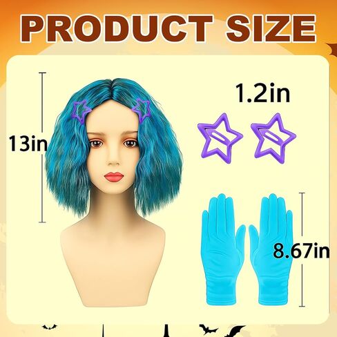 JenPen 6 Pcs Halloween Inside Costume Accessories Include Blue Green Wig Gloves Purple Fake Collar Stockings with Hairpins for Cartoon Movie Women Girls Cosplay Emotion Party in Kuwait