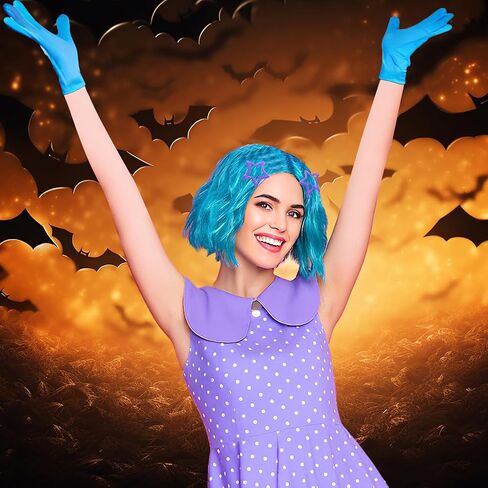 JenPen 6 Pcs Halloween Inside Costume Accessories Include Blue Green Wig Gloves Purple Fake Collar Stockings with Hairpins for Cartoon Movie Women Girls Cosplay Emotion Party in Kuwait