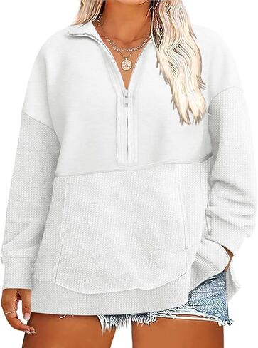 Chulianyouhuo Women's Plus Size Fall Sweatshirt Casual Long Sleeve Waffle Knit Pullover Half Zip Loose Tops with Pockets in Saudi Arabia