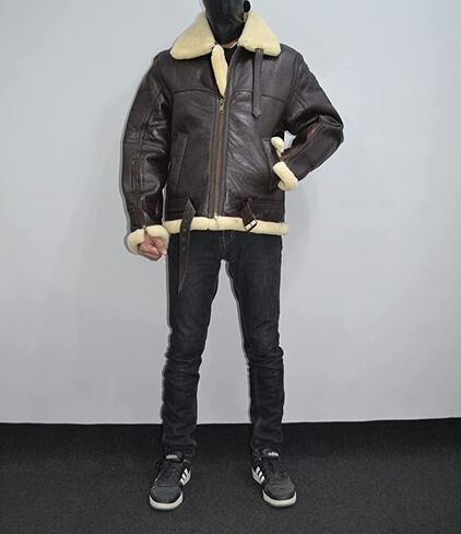 Shearling Brown Leather Coat Genuine Sheepskin Leather Coat with Artificial Fur B3 Bomber Leather Coat Aviator Coat for Men (as1, alpha, 3x_l, regular, regular, Dark Brown) in Saudi Arabia
