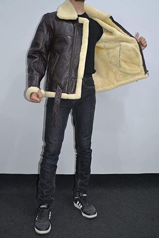 Shearling Brown Leather Coat Genuine Sheepskin Leather Coat with Artificial Fur B3 Bomber Leather Coat Aviator Coat for Men (as1, alpha, 3x_l, regular, regular, Dark Brown) in Saudi Arabia