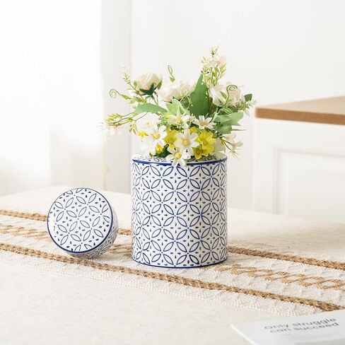 برطمانات سيراميك زخرفية بغطاء، برطمان زنجبيل أزرق وأبيض لديكور المنزل، ديكور مزهرية أسطوانية، 7.7 × 5.4 بوصة، زهور وأغصان in Kuwait