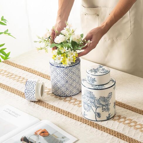 برطمانات سيراميك زخرفية بغطاء، برطمان زنجبيل أزرق وأبيض لديكور المنزل، ديكور مزهرية أسطوانية، 7.7 × 5.4 بوصة، زهور وأغصان in Kuwait