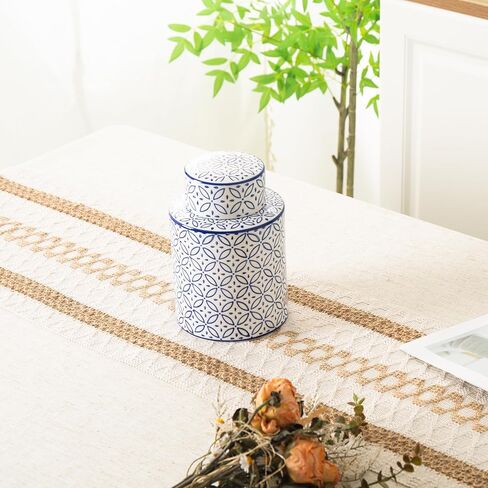 برطمانات سيراميك زخرفية بغطاء، برطمان زنجبيل أزرق وأبيض لديكور المنزل، ديكور مزهرية أسطوانية، 7.7 × 5.4 بوصة، زهور وأغصان in Kuwait