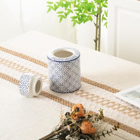 برطمانات سيراميك زخرفية بغطاء، برطمان زنجبيل أزرق وأبيض لديكور المنزل، ديكور مزهرية أسطوانية، 7.7 × 5.4 بوصة، زهور وأغصان in Kuwait