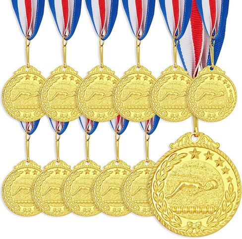 مجموعة من 12 ميدالية لجوائز كرة القدم من جوفال للأطفال والكبار - جوائز مشاركة الفريق بشريط مقاس 15.5 بوصة باللون الأحمر والأبيض والأزرق، هدايا حفلات كرة القدم ذات الطابع الرياضي (2 بوصة، معدن، ذهبي) in Kuwait