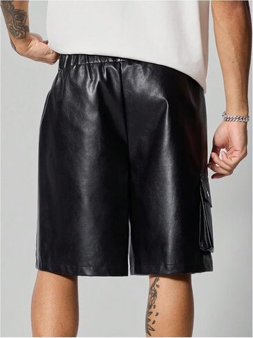 OYOANGLE Men's PU Leather Flap Pocket Cargo Shorts Loose Fit Elastic Waist Wide Leg Shorts Streetwear Black Large in Saudi Arabia