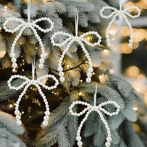 12 Pcs Pearl Bow Christmas Ornaments White Bowknot Tree Topper Decor Xmas Hanging Ornament Pendant Decoration Gift for Wedding Bridal Shower Baby Shower Birthday Indoor Decoration (White) in Saudi Arabia