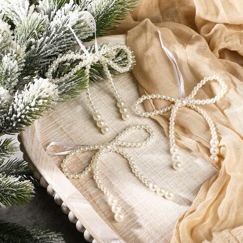 12 Pcs Pearl Bow Christmas Ornaments White Bowknot Tree Topper Decor Xmas Hanging Ornament Pendant Decoration Gift for Wedding Bridal Shower Baby Shower Birthday Indoor Decoration (White) in Saudi Arabia