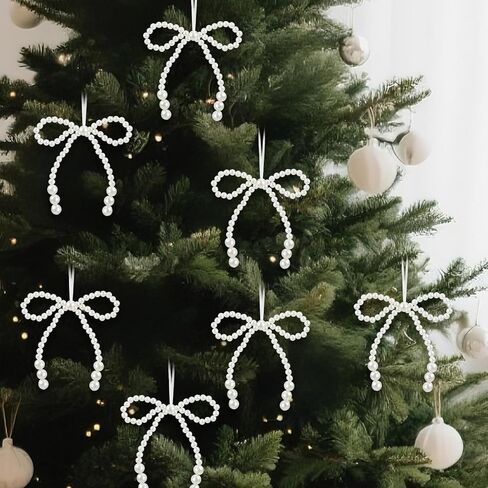 12 Pcs Pearl Bow Christmas Ornaments White Bowknot Tree Topper Decor Xmas Hanging Ornament Pendant Decoration Gift for Wedding Bridal Shower Baby Shower Birthday Indoor Decoration (White) in Saudi Arabia