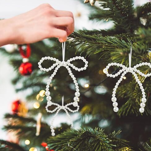 12 Pcs Pearl Bow Christmas Ornaments White Bowknot Tree Topper Decor Xmas Hanging Ornament Pendant Decoration Gift for Wedding Bridal Shower Baby Shower Birthday Indoor Decoration (White) in Saudi Arabia
