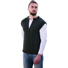 Men's Lightweight Cardigan Vest, Sleeveless Zip Up Warm Jacket, 100% Merino Wool, Aran Cable Knit in Saudi Arabia
