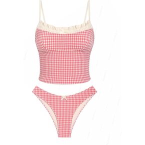 Gingham Tankinis for Women - Tankini Swimsuits Set with Ruffles, Bowknot & Ruched Detailing in Saudi Arabia