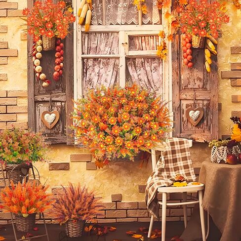 64 قطعة من زهور الخريف في الهواء الطلق وزهور الخريف الصناعية المقاومة للأشعة فوق البنفسجية للخريف والزهور البلاستيكية الاصطناعية لتزيين الخريف بالمنزل الخارجي وشرفة الفناء وديكور عيد الشكر in Kuwait