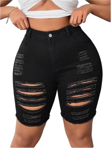 Verdusa Women's Plus Size Ripped Distressed Jean Shorts High Waisted Stretchy Denim Shorts in Kuwait