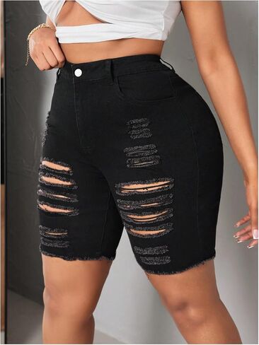 Verdusa Women's Plus Size Ripped Distressed Jean Shorts High Waisted Stretchy Denim Shorts in Kuwait
