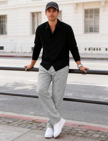 Mens Casual Pants for Men Elastic Waist Lightweight Loose Fit Pleated Slim Fit Casual Pants Tapered Cropped Trousers in Kuwait