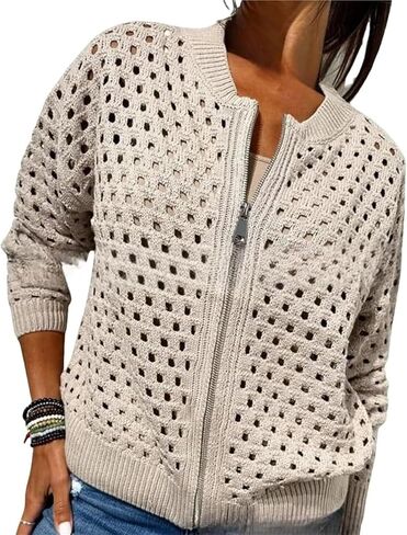 Women's Casual Hollow Knitwear Zipper Jacket, Crochet Fishnet Knit Shrugs Sweater Jacket Lightweight Cardigans Sweater in Saudi Arabia