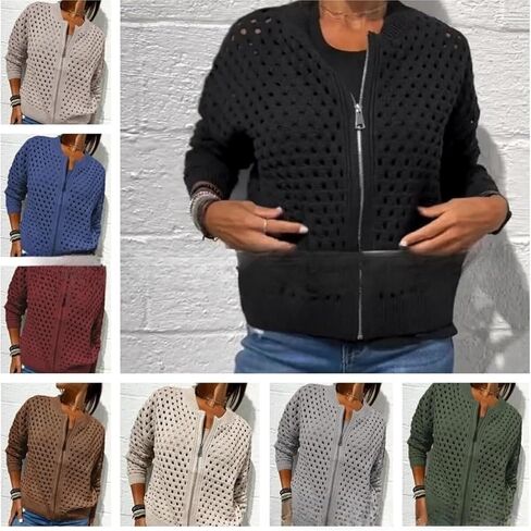 Women's Casual Hollow Knitwear Zipper Jacket, Crochet Fishnet Knit Shrugs Sweater Jacket Lightweight Cardigans Sweater in Saudi Arabia