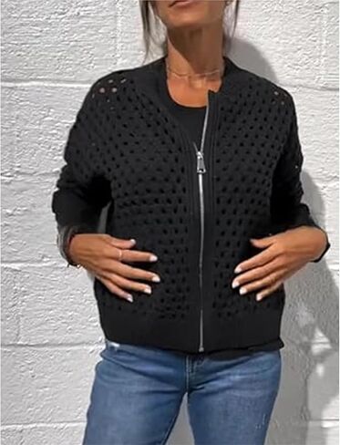 Women's Casual Hollow Knitwear Zipper Jacket, Crochet Fishnet Knit Shrugs Sweater Jacket Lightweight Cardigans Sweater in Saudi Arabia
