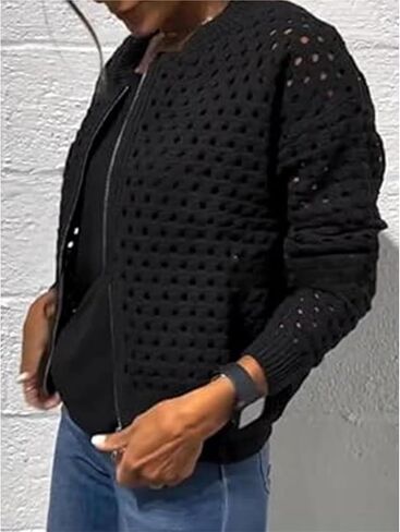 Women's Casual Hollow Knitwear Zipper Jacket, Crochet Fishnet Knit Shrugs Sweater Jacket Lightweight Cardigans Sweater in Saudi Arabia
