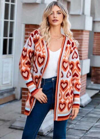 Chunky Cardigan Sweaters for Women Long Open Front Color Block Knitted Heart Cardigan Valentine Sweater in Saudi Arabia
