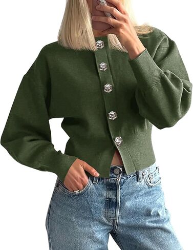 Saodimallsu Womens Button Up Cardigan Sweaters Fall Trendy Long Lantern Sleeve Knit Crew Neck Sweater Jacket in Saudi Arabia