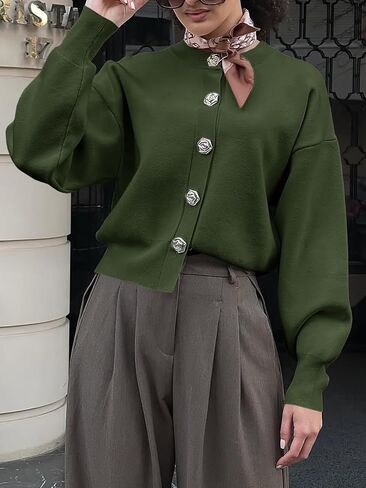 Saodimallsu Womens Button Up Cardigan Sweaters Fall Trendy Long Lantern Sleeve Knit Crew Neck Sweater Jacket in Saudi Arabia