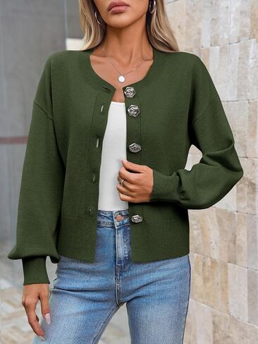 Saodimallsu Womens Button Up Cardigan Sweaters Fall Trendy Long Lantern Sleeve Knit Crew Neck Sweater Jacket in Saudi Arabia