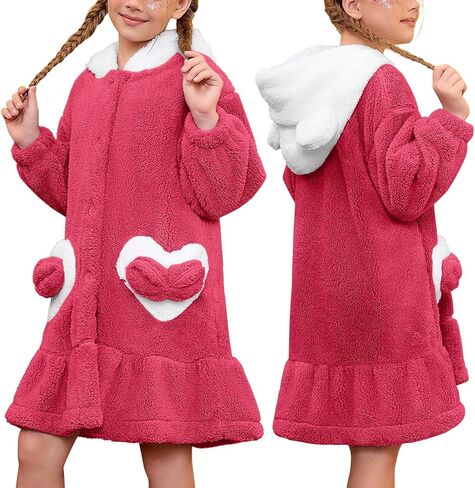 QPANCY Girls Robe Kids Hooded Bathrobe Plush Fleece Pajamas Cute Bear Ears Sleepwear in Saudi Arabia